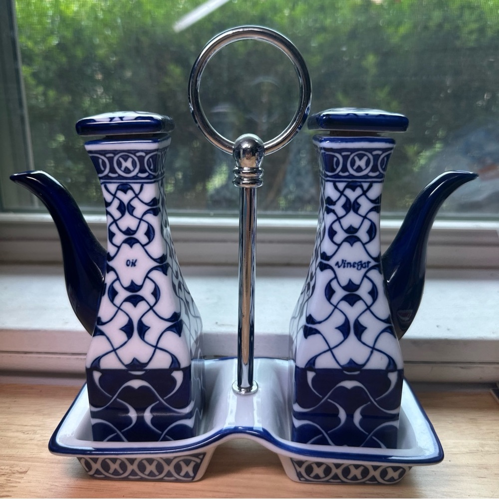 Vintage Bombay Blue and White Ceramic Oil and Vinegar Cruet Set with Stand